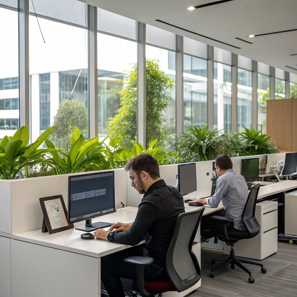 A modern office environment with workstations and computers