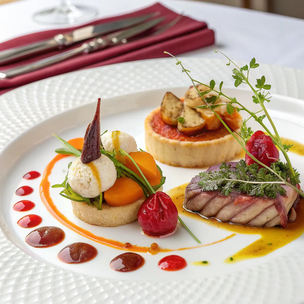 A plated gourmet French meal with artistic presentation